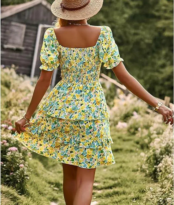 Women's Dresses Casual Summer Print Ruffle A Line Short Sleeve Mini Floral Dress for Women