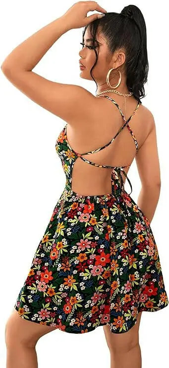 Women's Floral Print Criss Cross Tie Back A Line Short Cami Dress