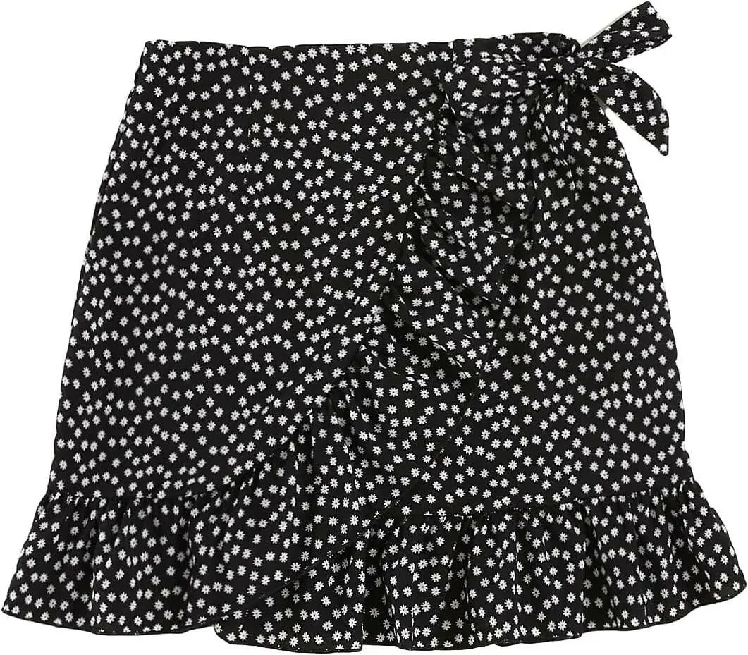 Women's Floral Print Ruffle High Waist Wrap Tie Side Boho Mini Skirt