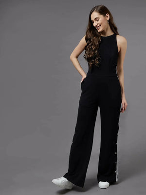 Women's Halter Neck Sleeveless Solid Regular Length Side slit Jumpsuit