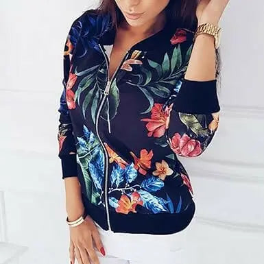 Women's Jacket Boho Floral Printed Classic Zip Up Long Sleeve Bomber Coat Casual Loose Short Lightweight Top Blouse
