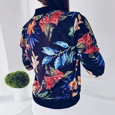 Women's Jacket Boho Floral Printed Classic Zip Up Long Sleeve Bomber Coat Casual Loose Short Lightweight Top Blouse