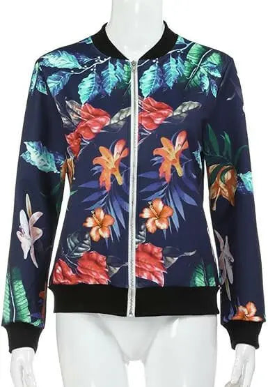 Women's Jacket Boho Floral Printed Classic Zip Up Long Sleeve Bomber Coat Casual Loose Short Lightweight Top Blouse