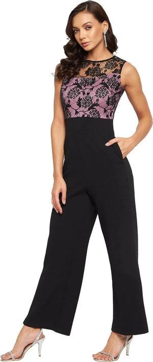 Women's Lace Overlaid Boat Neck Sleeveless Relaxed Fit Regular Jumpsuit