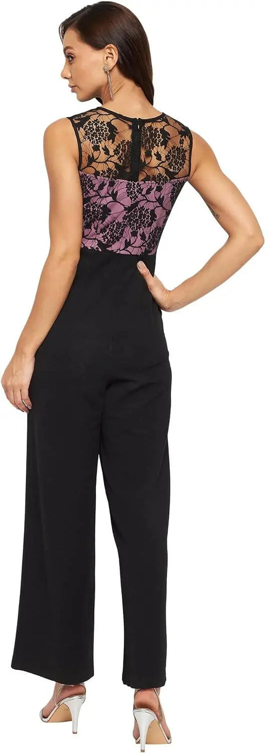 Women's Lace Overlaid Boat Neck Sleeveless Relaxed Fit Regular Jumpsuit