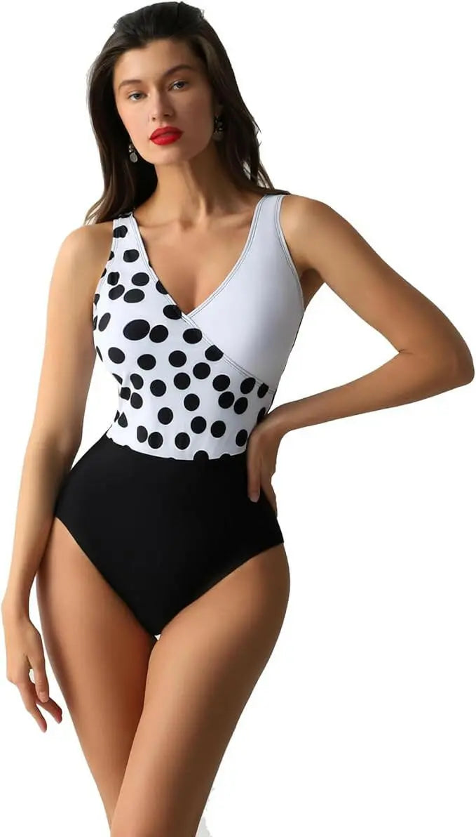 Women's Polyester Two-tone one-piece polka dot swimsuit, Slim Fit, Multicoloured