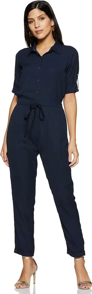 Women's Regular Fit Shirt Style Solid Jumpsuit