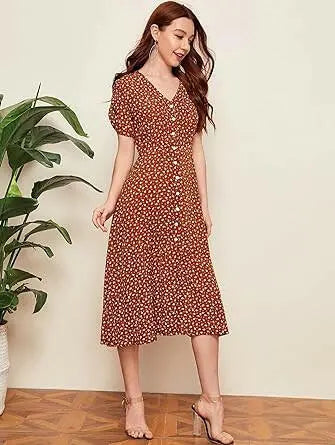 Women's Regular V Neck Half Sleeve Reyon Printed Dress