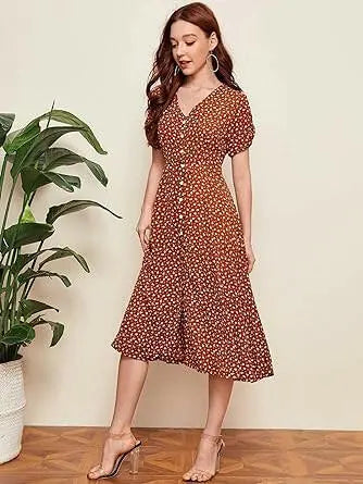 Women's Regular V Neck Half Sleeve Reyon Printed Dress