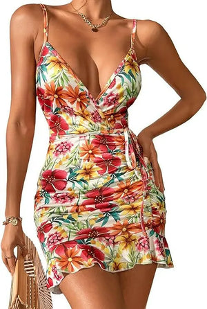 Women's Ruffle Hem Floral Print Belted Slip Dress High Waist Bodycon Dresses