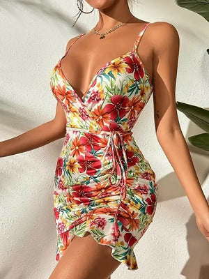 Women's Ruffle Hem Floral Print Belted Slip Dress High Waist Bodycon Dresses