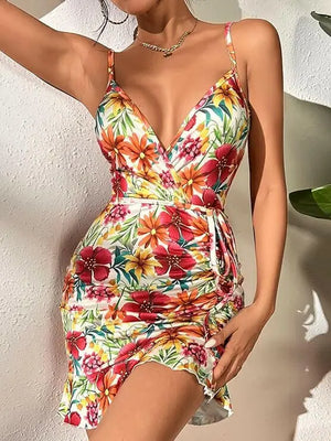 Women's Ruffle Hem Floral Print Belted Slip Dress High Waist Bodycon Dresses