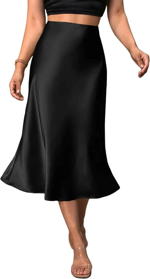 Women's Satin High Waist Solid Skirt Zipper Elegant Midi Skirt