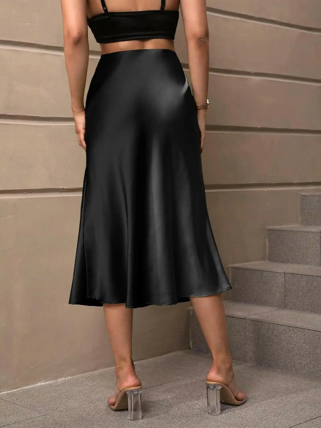 Women's Satin High Waist Solid Skirt Zipper Elegant Midi Skirt