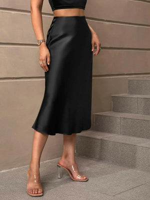 Women's Satin High Waist Solid Skirt Zipper Elegant Midi Skirt