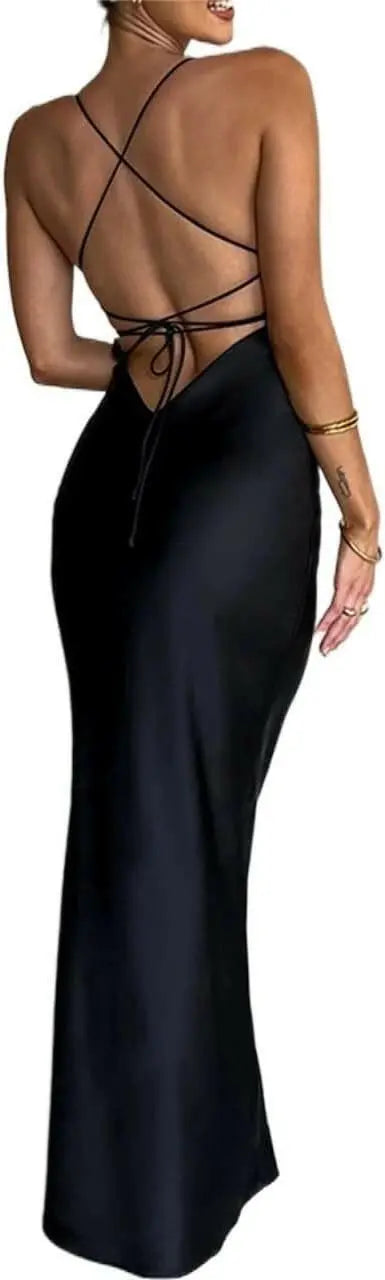 Women's Satin Strap Backless Evening Party Dress, Sexy Cocktail Maxi Long Dress