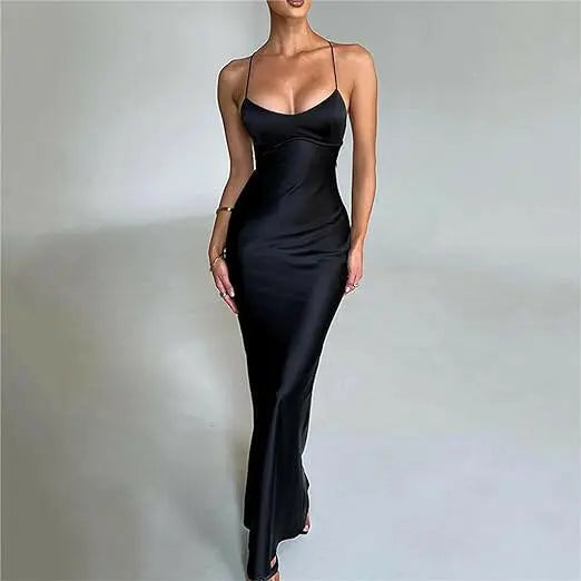 Women's Satin Strap Backless Evening Party Dress, Sexy Cocktail Maxi Long Dress