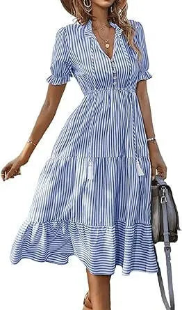 Women's Shirt Dresses Sleeveless V Neck Midi Dress Striped Pleated Ruffle Tunic Tops Casual Dress with Button