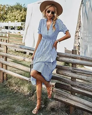 Women's Shirt Dresses Sleeveless V Neck Midi Dress Striped Pleated Ruffle Tunic Tops Casual Dress with Button