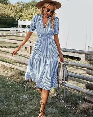 Women's Shirt Dresses Sleeveless V Neck Midi Dress Striped Pleated Ruffle Tunic Tops Casual Dress with Button