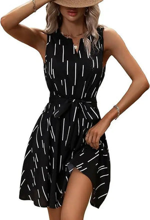 Women's Sleeveless Striped Print Notched Neck Belted Dress A Line Short Dress