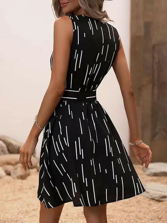 Women's Sleeveless Striped Print Notched Neck Belted Dress A Line Short Dress