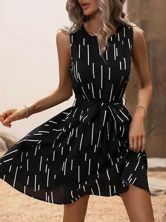 Women's Sleeveless Striped Print Notched Neck Belted Dress A Line Short Dress