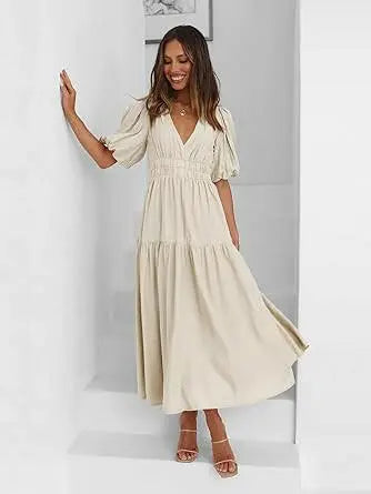 Women's Summer Casual Long Dresses Deep V Neck Short Sleeve Maxi Dress Club Party Wedding Beach Dress