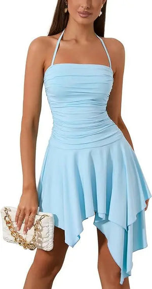 Women's Summer Flowy Ruffle Bodycon Mini Dress Halter Neck Backless Swing Party Dresses