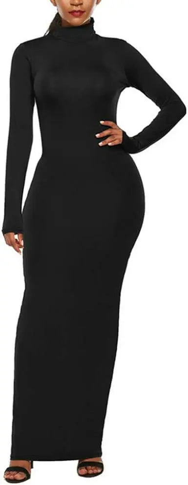 Women's Turtleneck Long Sleeve Bodycon Tunic Pencil Maxi Dress Casual Solid Basic Slim