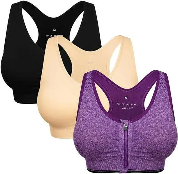 Women's Zip Front Sports Bra Wireless Post-Surgery Bra Active Yoga Sports Bras