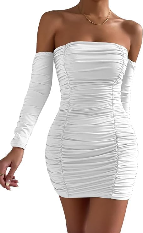 White Dress Women's Off Shoulder Long Sleeve Ruched Bodycon Party Mini Dress