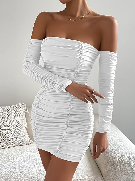 White Dress Women's Off Shoulder Long Sleeve Ruched Bodycon Party Mini Dress