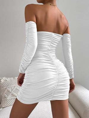 White Dress Women's Off Shoulder Long Sleeve Ruched Bodycon Party Mini Dress