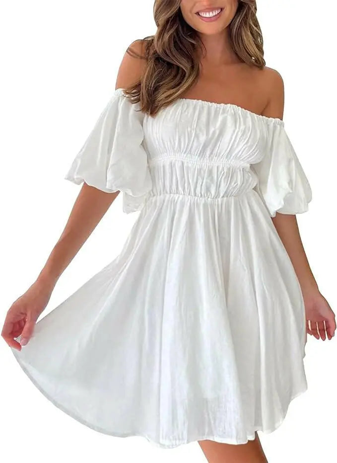 Womens Classic Sexy One line Neck Off Shoulder Bubble Sleeves Elastic Waist Fresh and Sweet Big Swing Dress