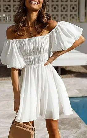 Womens Classic Sexy One line Neck Off Shoulder Bubble Sleeves Elastic Waist Fresh and Sweet Big Swing Dress