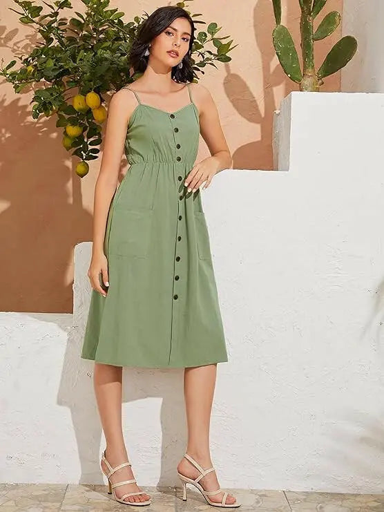 Womens Summer Dresses Casual Spaghetti Strap Button Down Swing Midi Dress with Pockets
